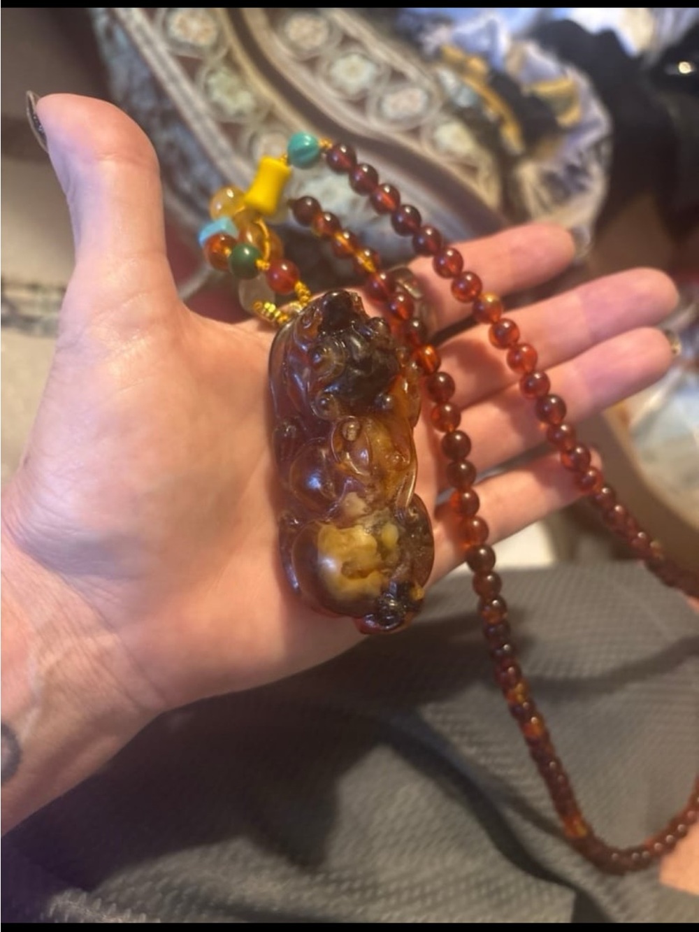 Hand-Carved Amber Pixiu Pendant Necklace in Honey Brown Rare Find HQ
